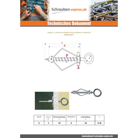 1 x Dübel Nylon 8x40 Mit Ringschraube mit flansch 4x45