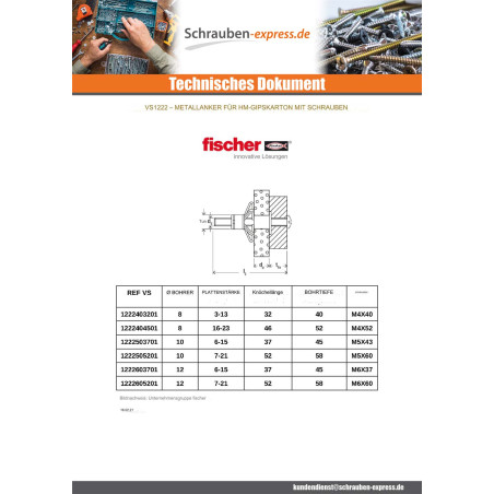 1 x Dübel METALL Fischer Sechskant niedrig 6x37 Mit Schraube