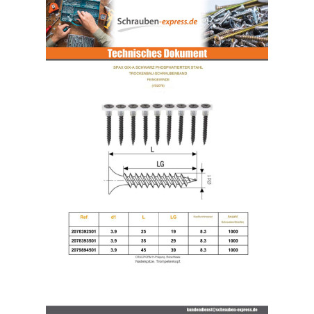 1 x BDE 50 Schraube für Gipsplatte Spax GIX-A 3,9 x 45 Metallphosphat