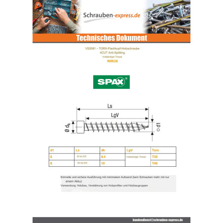 1 x Spax Holzschraube Zylindrischer Flachkopf T30 6X100 Gesamtgewinde 4CUT WIROX