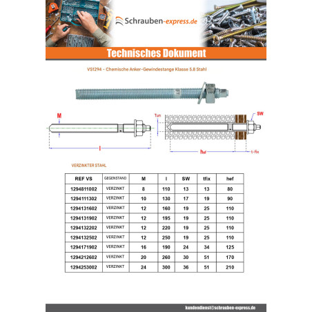 1 x Gewindestange BOZELENANKER CHEMISCH M12x160 Verzinkt