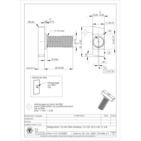 1 x Metallschrauben Hammerkopf M12/30 12x32 Klasse 6.8 Verzinkt