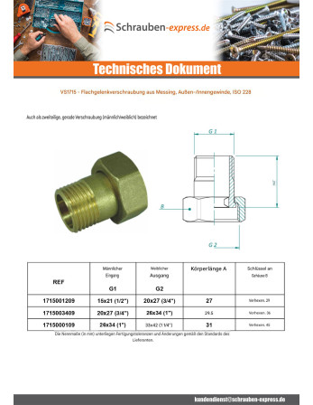 1 x Flachverschraubung Männlich weiblich 20x27...