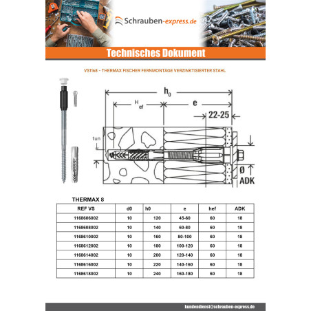 1 x Distanzmontage THERMAX Fischer 10/240 M6 Verzinkt