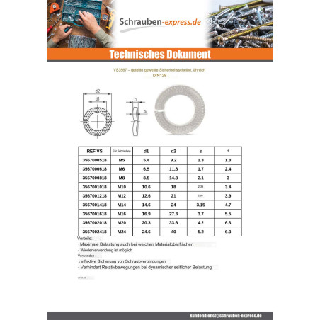 1 x Scheiben/Unterlegscheibe SICHERHEIT WELLIG Gespalten Edelstahl A1 M14