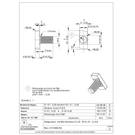 1 x Metallschrauben Hammerkopf M8/15 9x25 Klasse 6.8 Verzinkt
