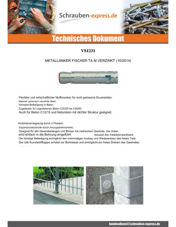 1 x Dübel Metallisch Fischer TAM12 M12X86 Verzinkt