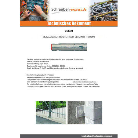 1 x Dübel Metallisch Fischer TAM12 M12X86 Verzinkt
