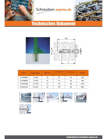 1 x Dübel Metallisch Fischer TAM12 M12X86 Verzinkt