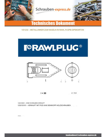 1 x Nageldübel für Gipskartonplatten 10,5 x 30...
