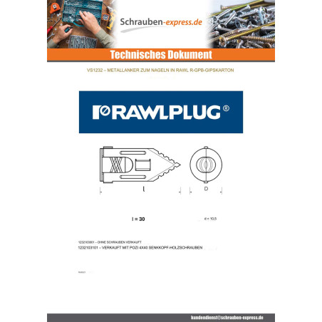 1 x Nageldübel für Gipskartonplatten 10,5 x 30 Mit Schraube RAWLPLUG