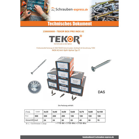 1 x TEKOR PACK PRO 1800 Schraube Senkkopfschraube Gezahnt TORX Edelstahl A2