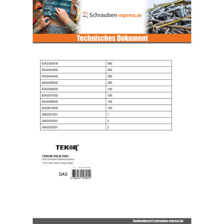 1 x TEKOR PACK PRO 1800 Schraube Senkkopfschraube Gezahnt TORX Edelstahl A2