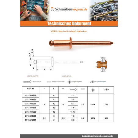 1 x Niet Standard-Rundkopf Kupferstahlstange 3,8 x 14 Klemmdicke 8 für 10
