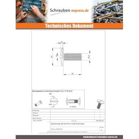 1 x Metallschrauben Messing Breiter zylindrischer Halbrundkopf Gespalten Kopf-Durchmesser 10 M4x10