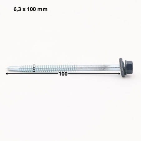 1 x Selbstbohrende Schrauben Sechskantkopf 6,3 x 100 Scheibe mit EPDM Neopren-Dichtung Verzinkt RAL5008graublau