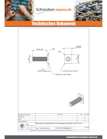 1 x Metallschrauben Rechteckiger Kopf M6x20 9,5...