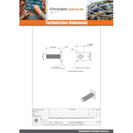 1 x Metallschrauben Rechteckiger Kopf M6x20 9,5 x 12 x 2 Verzinkt