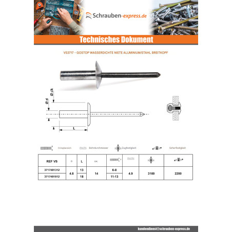 1 x Niet Wasserdicht GOSTOP Aluminium Stahlgewinde Breiter Kopf 4,8 x 18