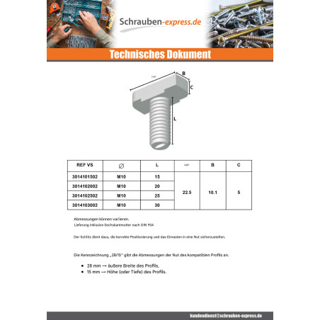 1 x Metallschrauben Hammerkopf M6x20 für 28/15 Profile Klasse 8.8 mit Nuss Rohstahl