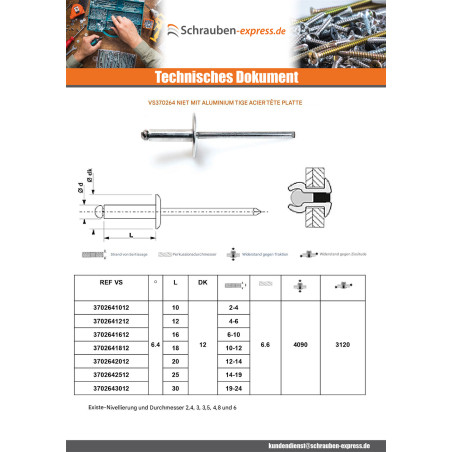 1 x Blindniete Aluminio Vástago acero 6,4 x 18 Klemmdicke 10 für 12 Standard-Rundkopf ALX