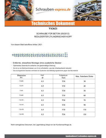 1 x Schraube Beton Zylindrischer Flachkopf...