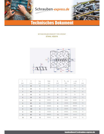 1 x Betonschraube Senkkopfschraube TORX 5X50...