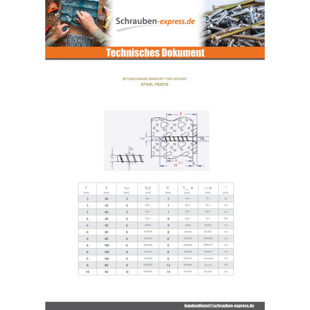 1 x Betonschraube Senkkopfschraube TORX 5X50 Verzinkt