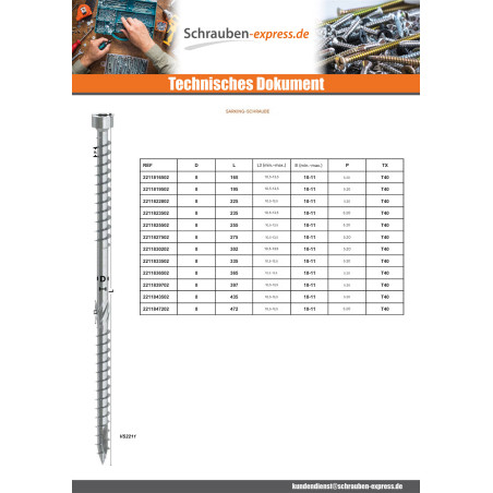 1 x Sarking-Schraube Zylindrischer Flachkopf Stockschrauben T40 8X397 Verzinkt