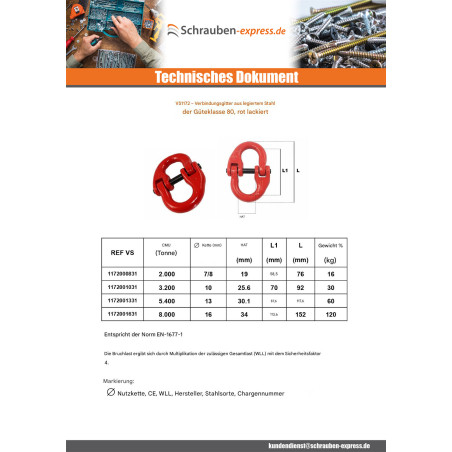 1 x Verbindungsglied Grad 80 16 mm roter Stahl