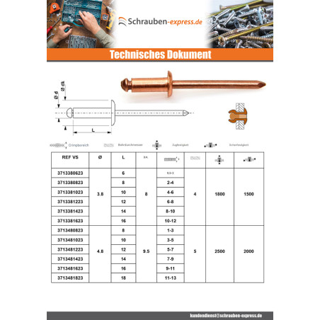 1 x Niet Standard-Rundkopf Kupferstahlstange 3,8 x 6 Klemmdicke 0,5 für 2