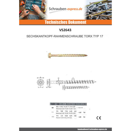 1 x Rahmenschraube tekor Sechskantkopf cut Bohrspitze mit Typ 17 Spitze 10X380 Mit Gewinde 80 T40 Verzinkt CR3 48 hbs ohne
