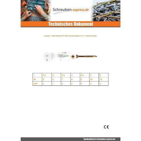 1 x Spanplattenschrauben TEKOR Senkkopfschraube Pozi N°2 4,5 x 35 Teilgewinde cut Bohrspitze mit Typ 17 Spitze Dichromat