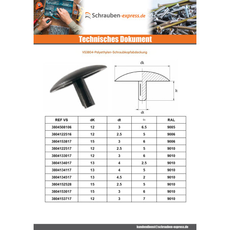 1 x Schraubenkopfabdeckung Polyethylen Kopf-Durchmesser 12 Gewindedurchmesser 3 Gewindelänge 6 RAL8017 schokoladenbraun