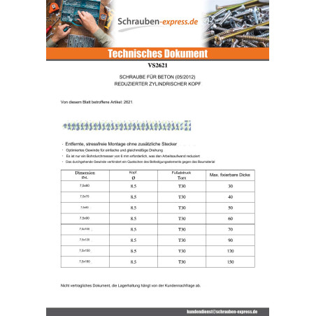1 x Schraube Beton Zylindrischer Flachkopf Reduziert 7,5X60 Kopf-Durchmesser 8.5 T30 Verzinkt