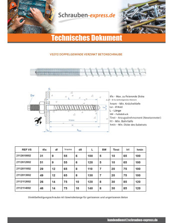 1 x Betonschraube Doppelt gewing T5 6 x 100 M8...