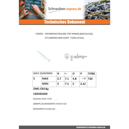 1 x Schraube HARDWARE ECKIG Zylindrischer Flachkopf T20 cut Bohrspitze mit Typ 17 Spitze Verzinkt 5X60