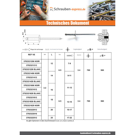 1 x Blindniete Aluminio Vástago acero 3,2 x 6 Klemmdicke 1 für 3 Standard-Rundkopf ALX