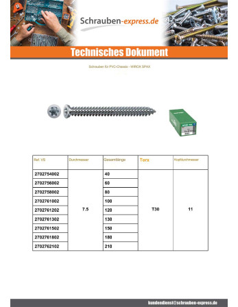 1 x Spax Schraube Für RAHMEN PVC 7,5X60 T30 WIROX