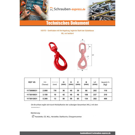 1 x Drehwirbelhaken mit Verriegelung Grad 80 13 mm roter Stahl