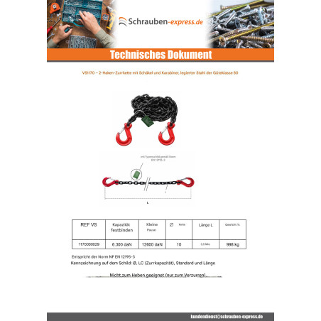 1 x Kette Zurr- 2 Haken Grad 80 3,5 M Rohstahl Schwarz