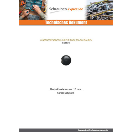 1 x Schraubenkopfabdeckung T30 Kopf-Durchmesser 17 Schwarzes Polyethylen
