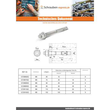 1 x Dübel BOZELENANKER R-XPT M8X115 Verzinkt RAWLPLUG