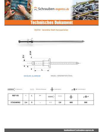 1 x Karosserieniete Verzinkt 2,4 x 5 Klemmdicke...