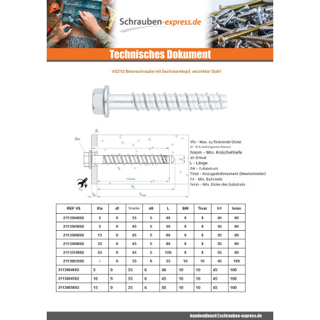 1 x Betonschraube Sechskantkopf Kreuzschlitz mit Flansch T15 10x100 Verzinkt