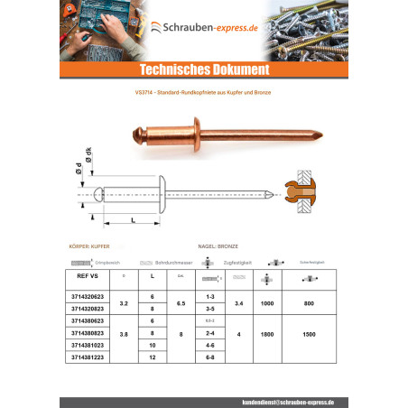 1 x Niet TRS Kupferstab Bronze 3,8 x 10