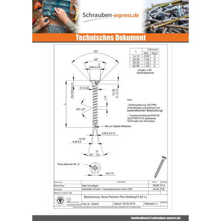 1 x Spanplattenschrauben Premium Senkkopfschraube Pozi N°2 4,5X45 Verzinkt