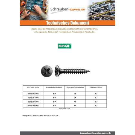 1 x Schraube für Gipsplatte Spax 3,9X35 Metallphosphat GIX-A