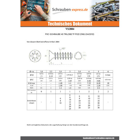 1 x Schraube für Kunststoff TRILOBE Senkkopfschraube Pozi 2,5 x 10 FILET45 Verzinkt Mikroschrauben