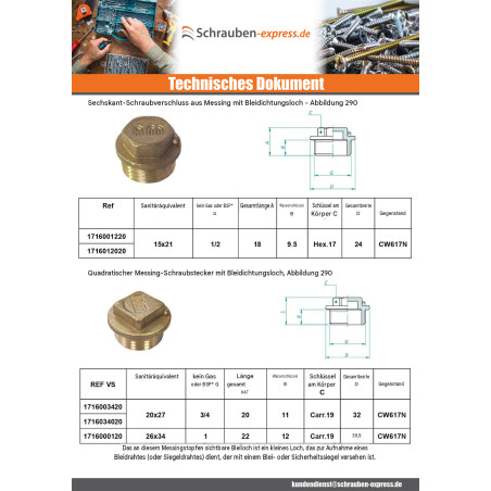 1 x Stecker (männlich) Abbildung 290 20x27 (3/4") Messing